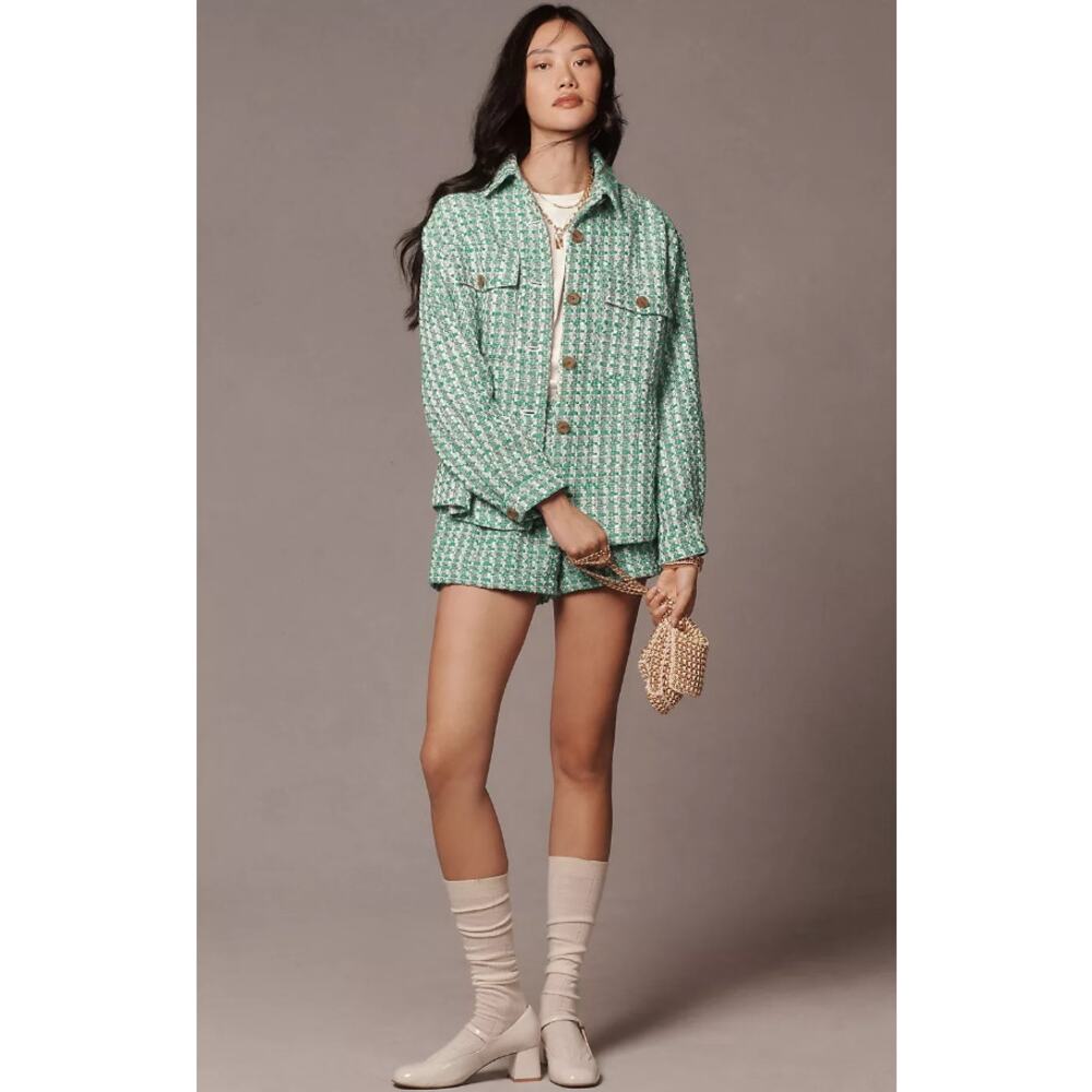 Anthropologie Maeve Tweed Shirt Jacket Womens Size L Shacket Preppy Green